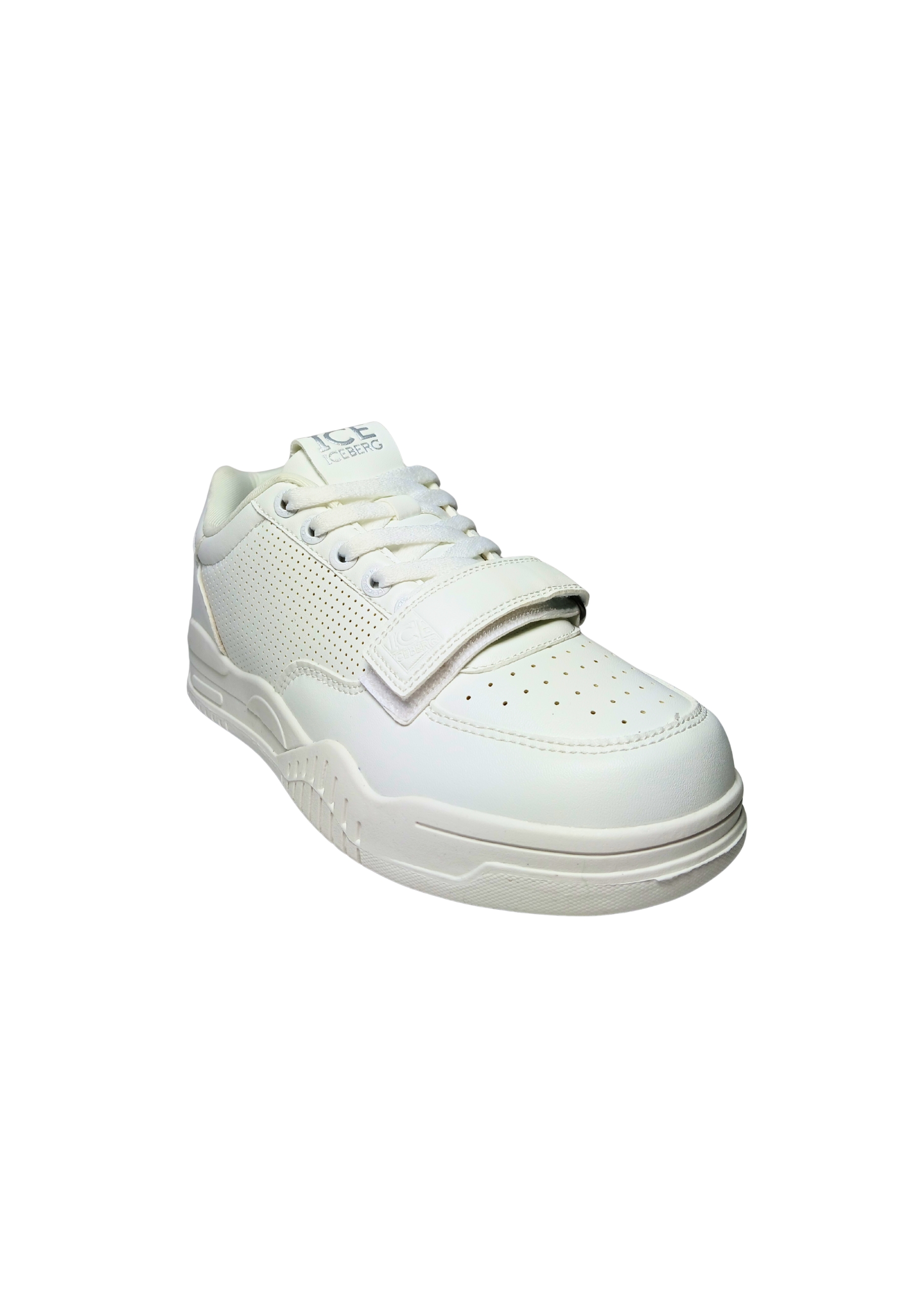 Shoes Adult unisex Iceberg White color. Leather upper, perforated details, closure with laces, additional Velcro strap.