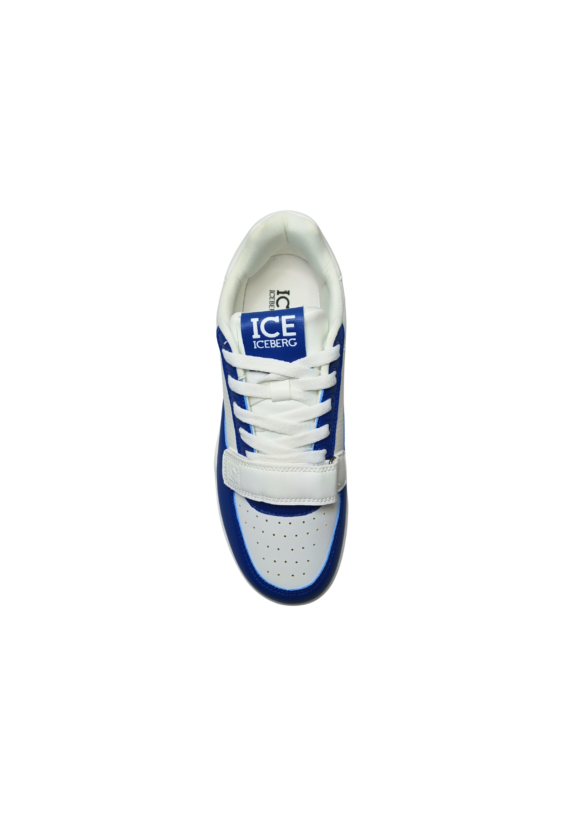 Shoes Adult unisex Iceberg White and blue. Leather upper, perforated details, closure with laces, additional Velcro strap.