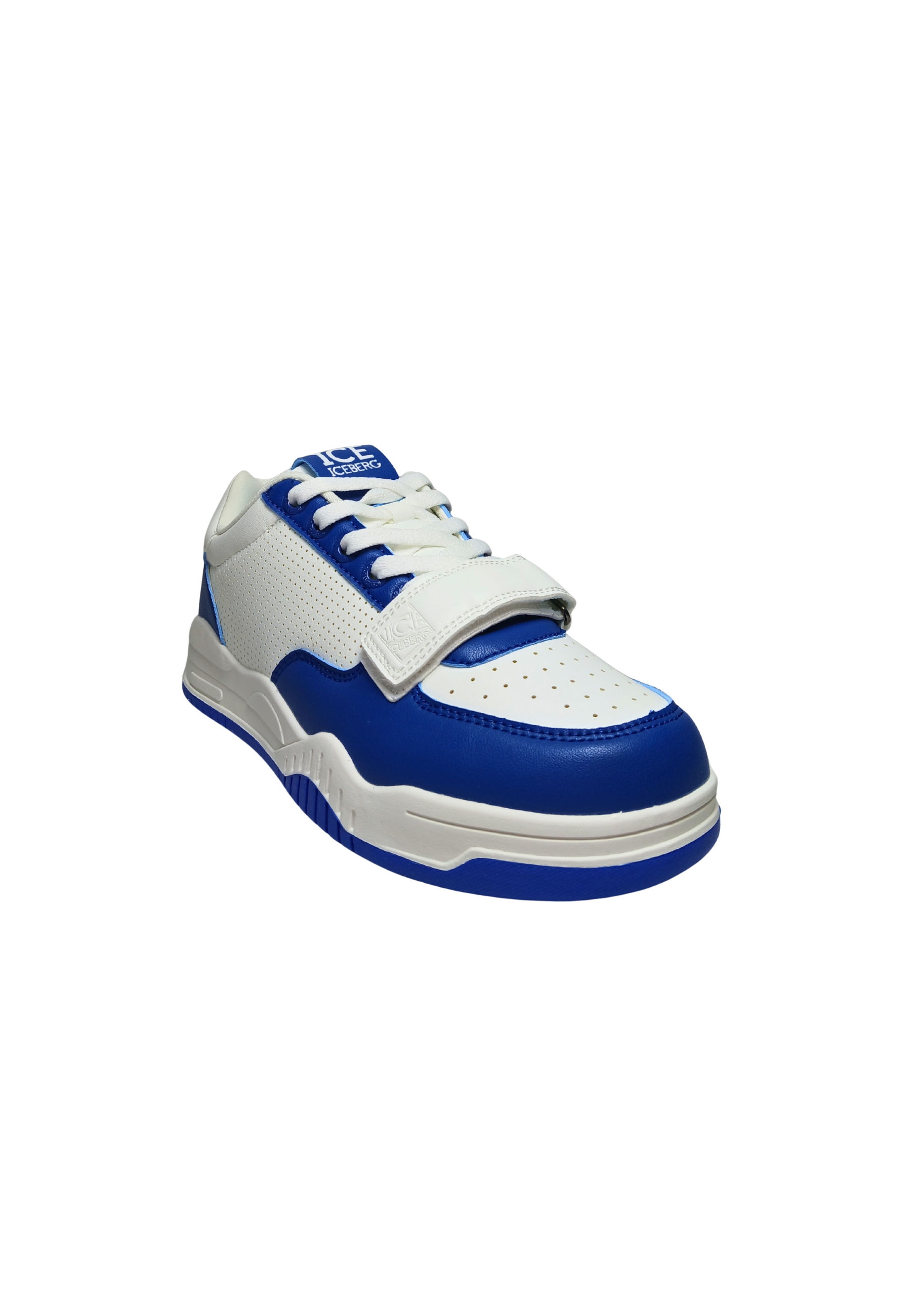 Shoes Adult unisex Iceberg White and blue. Leather upper, perforated details, closure with laces, additional Velcro strap.