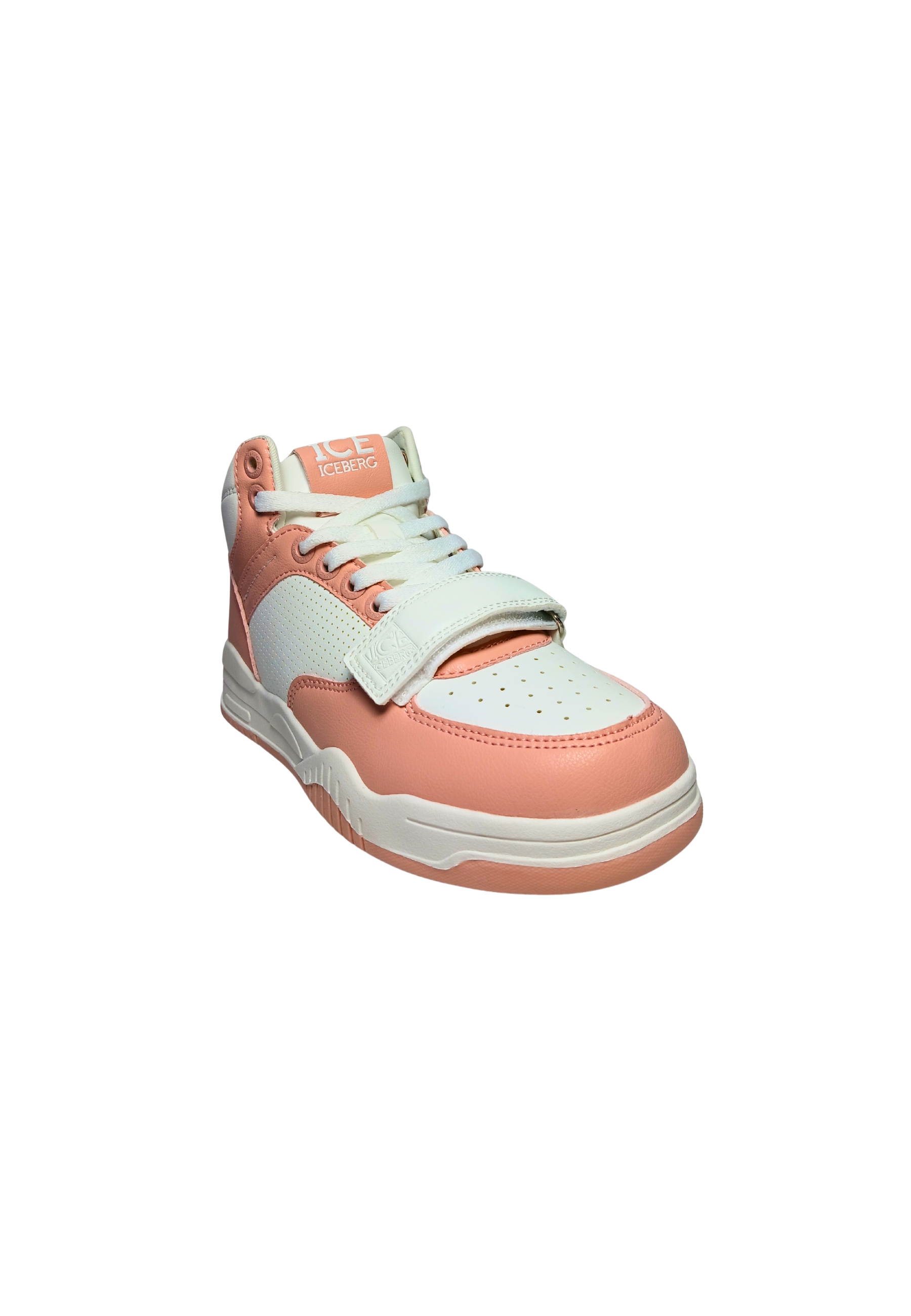 Shoes Adult unisex Iceberg White and pink. Leather upper, perforated details, closure with laces, additional Velcro strap.