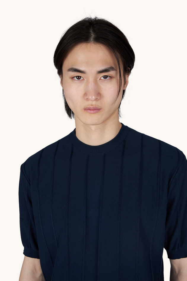maglia girocollo in cotone piuma con dettagli in lino uomo blu