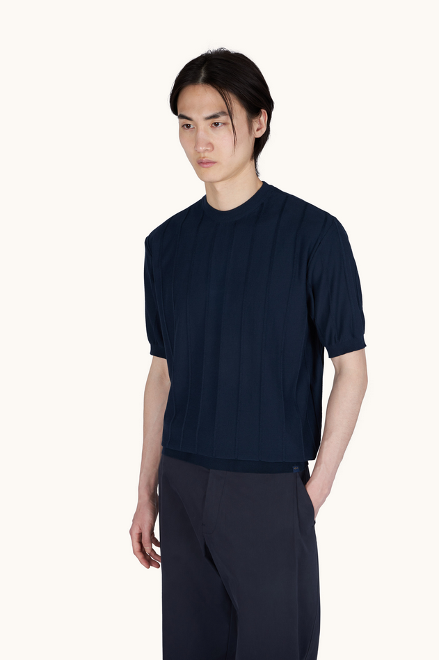 maglia girocollo in cotone piuma con dettagli in lino uomo blu