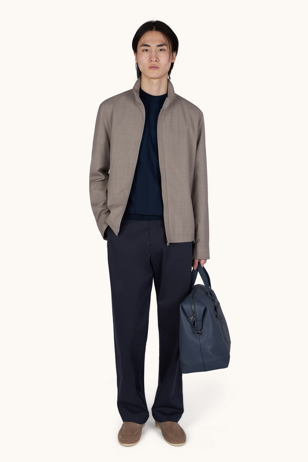 maglia girocollo in cotone piuma con dettagli in lino uomo blu