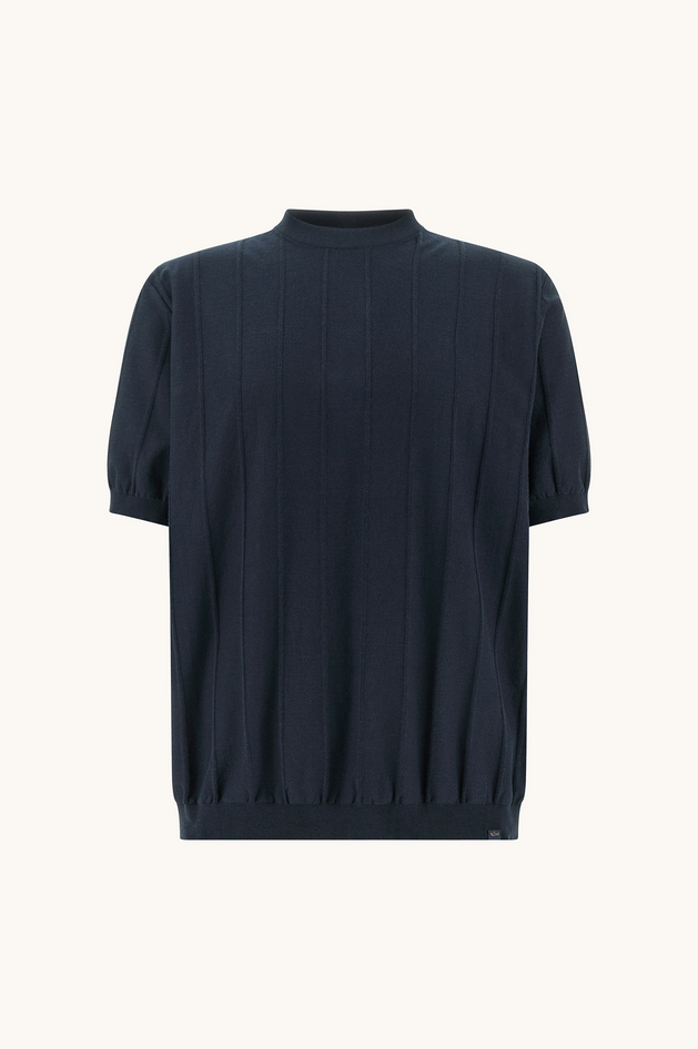 maglia girocollo in cotone piuma con dettagli in lino uomo blu