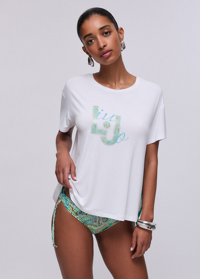 camiseta con inserción mujer blanca verde agua
