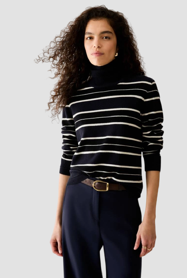 striped turtleneck woman navy blue