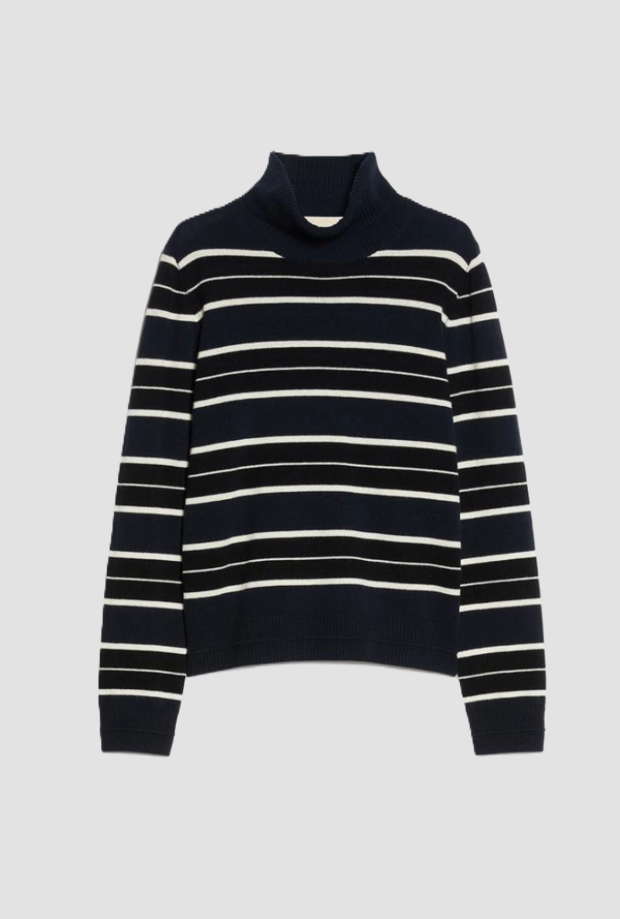 striped turtleneck woman navy blue