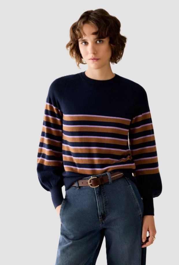 Mixed striped mesh cashmere woman blue