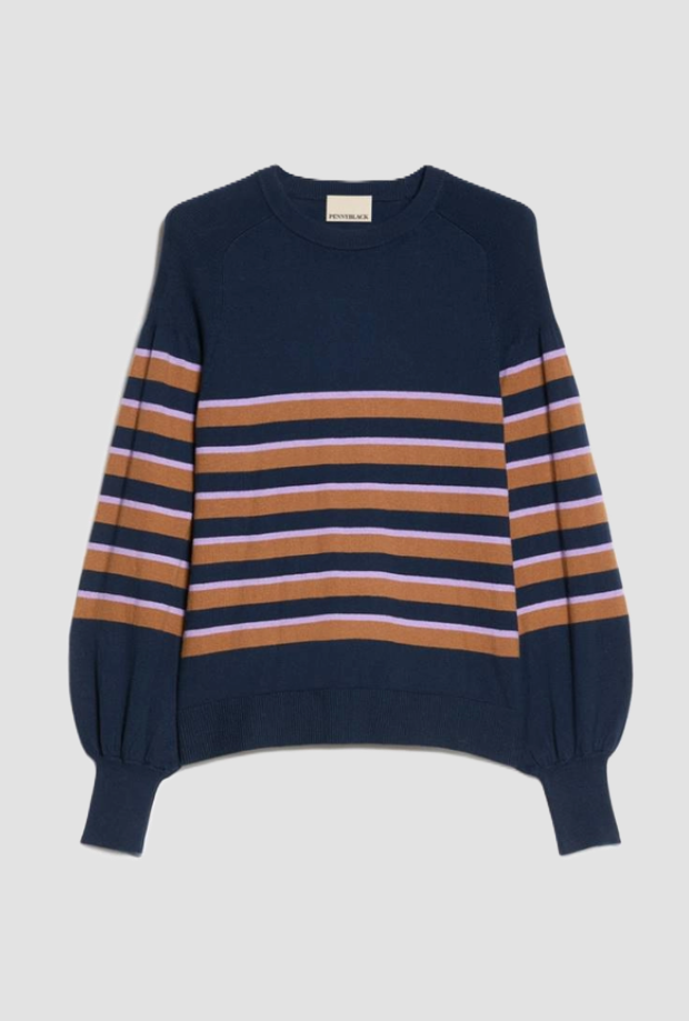 Mixed striped mesh cashmere woman blue
