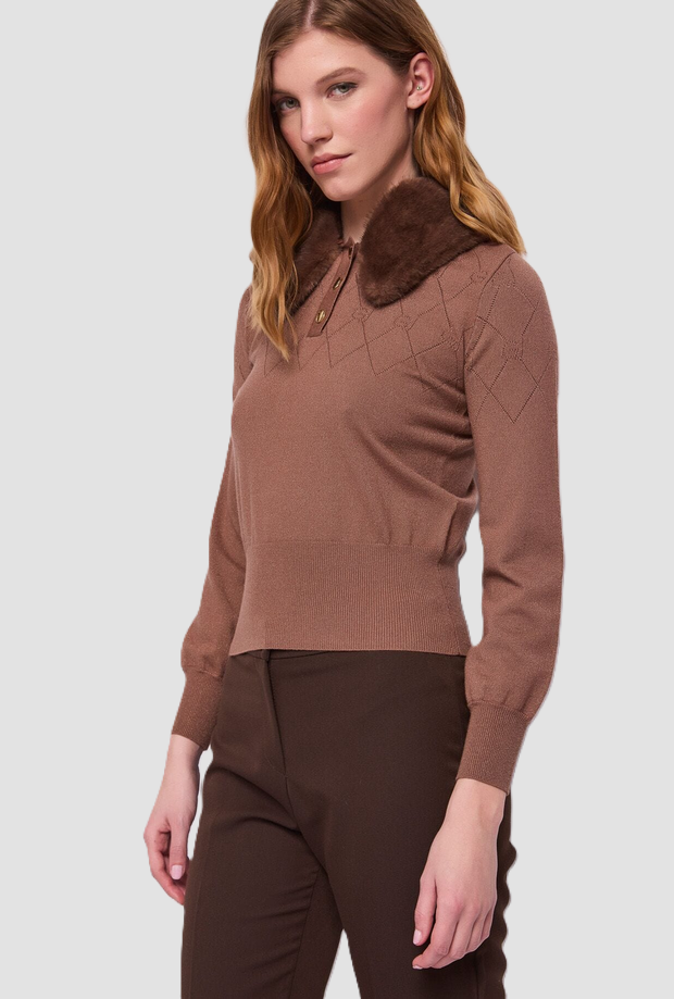 polo con cuello en mujer de ecopelliccia marrón
