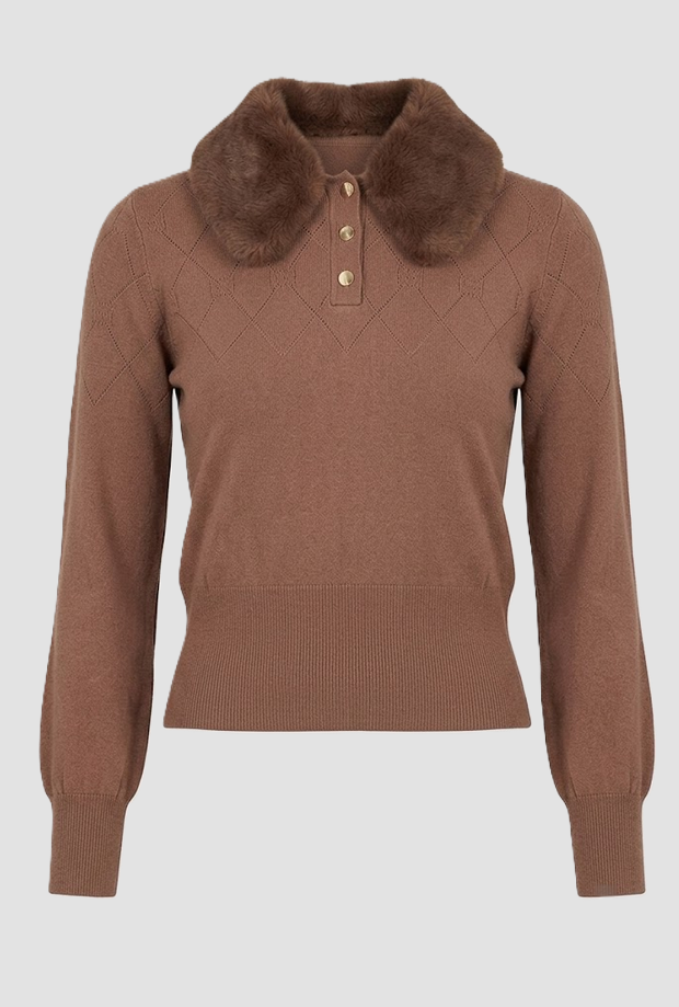 polo con cuello en mujer de ecopelliccia marrón