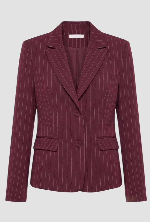 grey jacket woman red