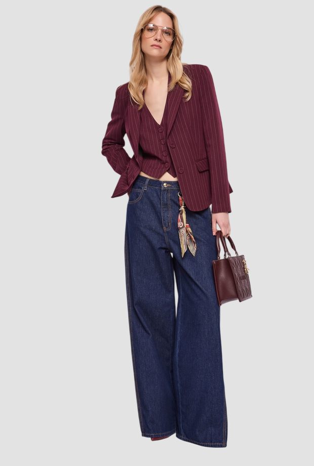 grey jacket woman red