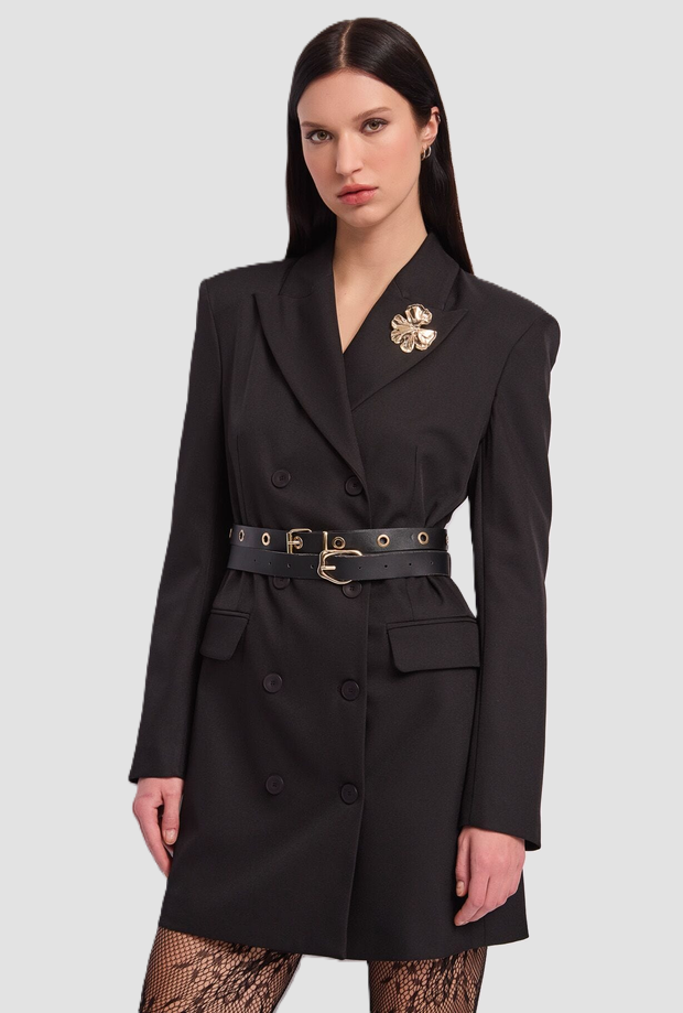 double-breasted black woman dress
