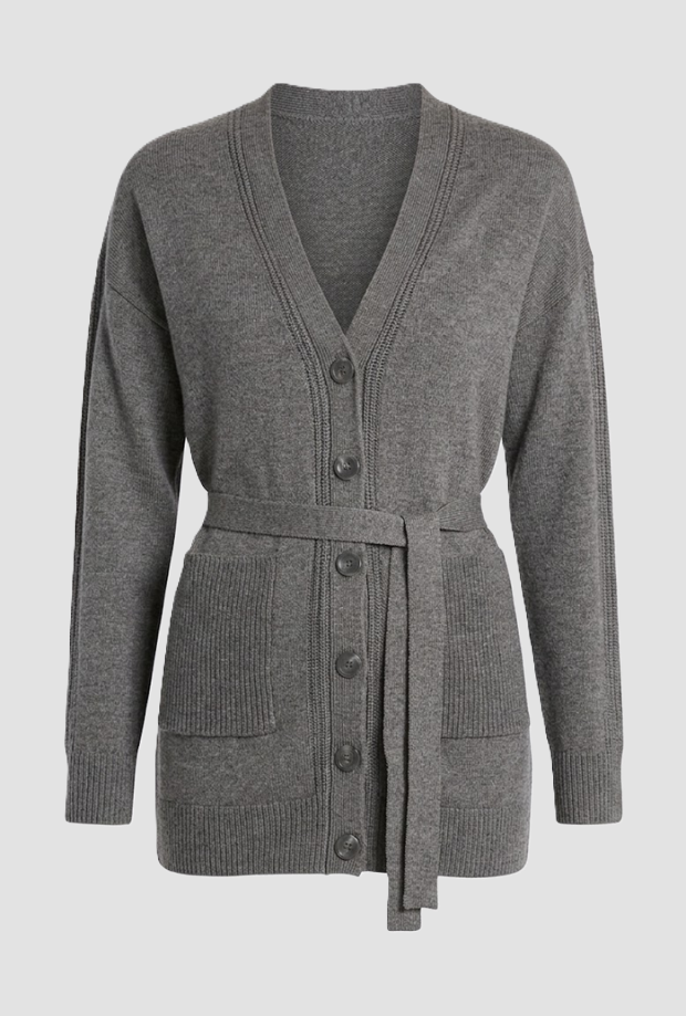 V cardigan avec ceinture grise pour femme
