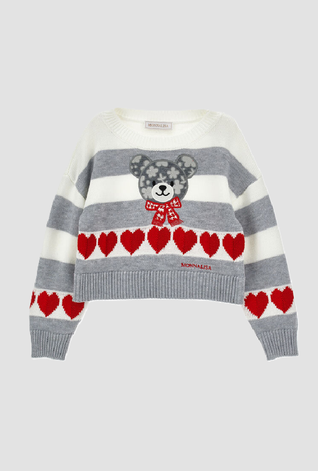 pullover con orsetto e cuori a righe bambina grigio-panna
