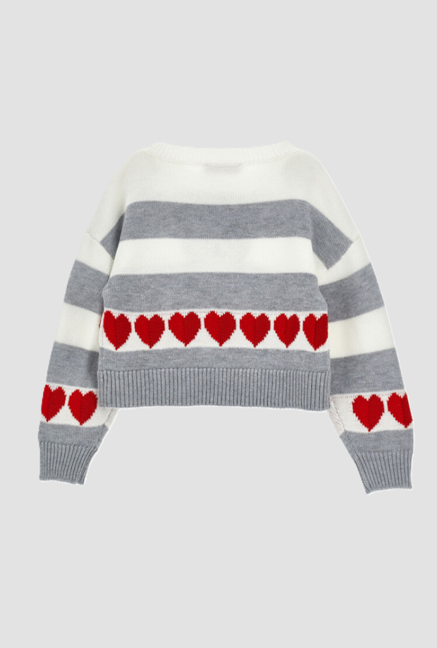 pullover con orsetto e cuori a righe bambina grigio-panna