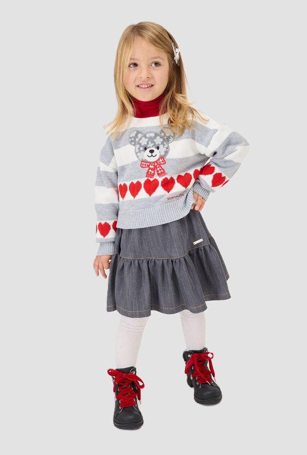 pullover con orsetto e cuori a righe bambina grigio-panna
