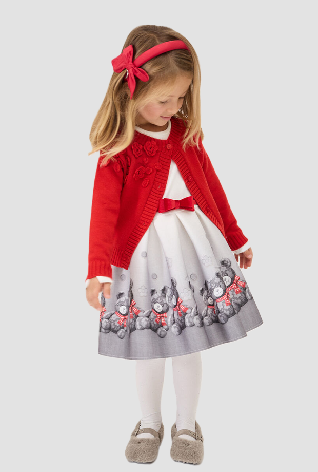 robe avec col volant et ours fille gris