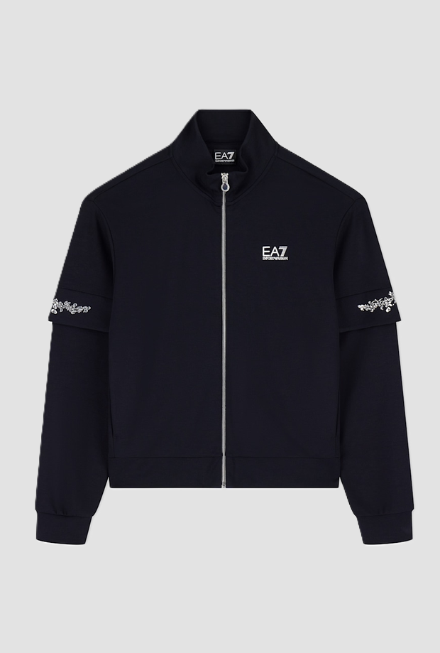 Full zip sweatshirt with rhinestone details on women's sleeves black