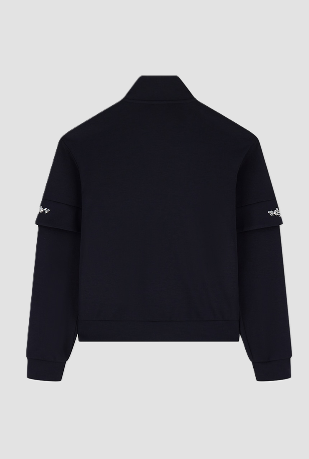 Full zip sweatshirt with rhinestone details on women's sleeves black