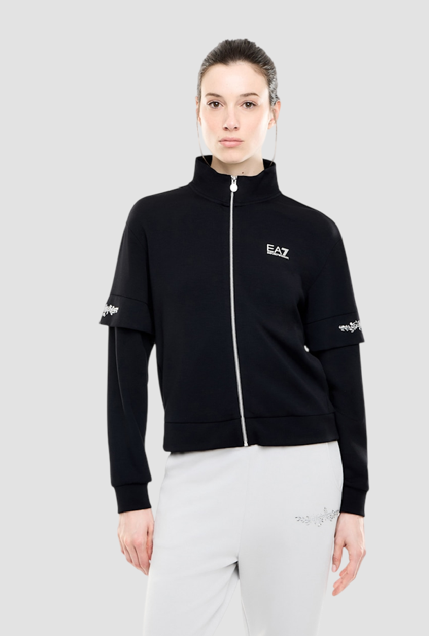 Full zip sweatshirt with rhinestone details on women's sleeves black