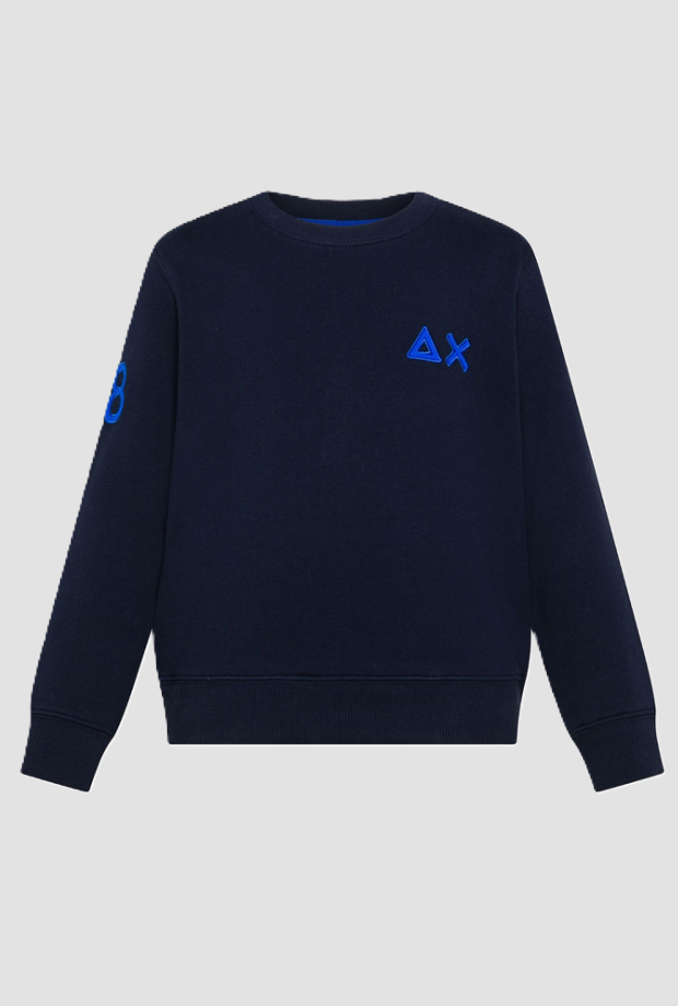 Crew hals sweater met logo geborduurd door baby marine blauw