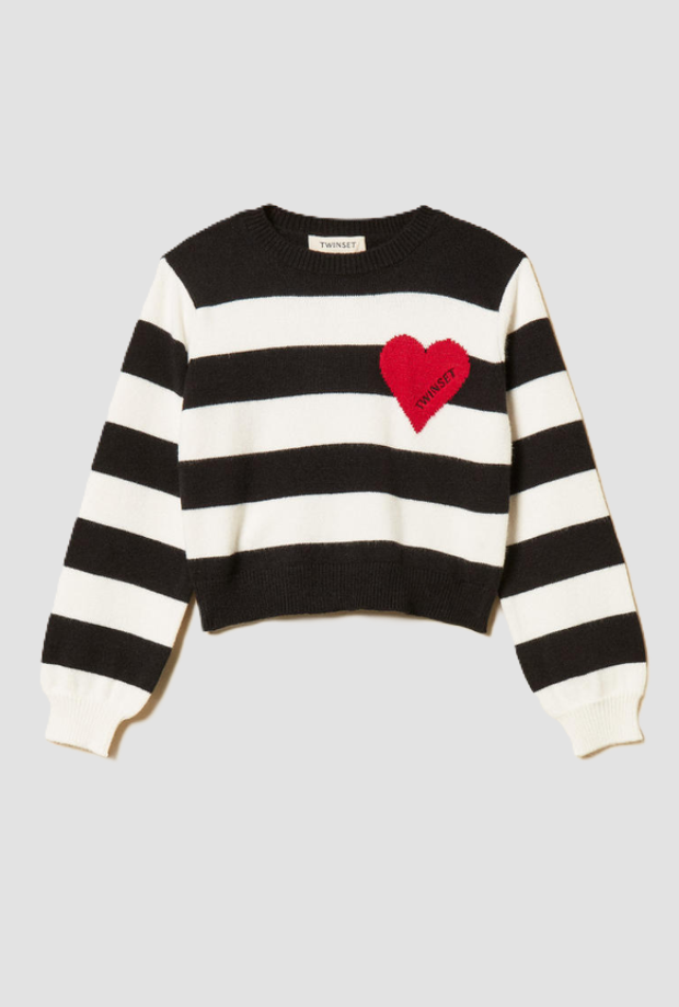 maglia a righe con cuore bambina nero-bianco