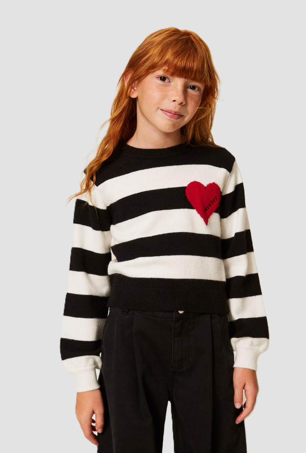 maglia a righe con cuore bambina nero-bianco