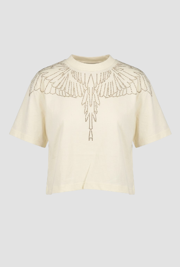 Camiseta con alas de perlas blancas