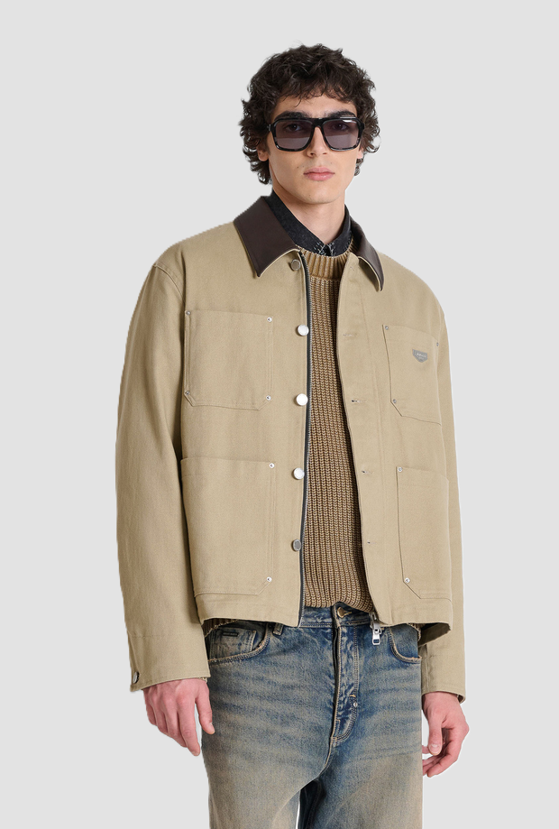 jacket with collar leather man beige