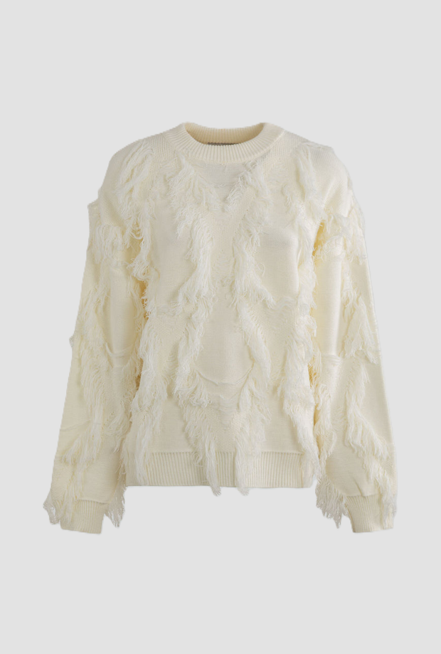 pullover a rombi con frange donna crema