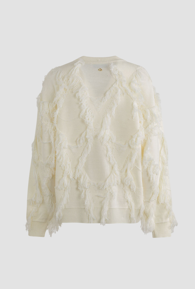 pullover a rombi con frange donna crema