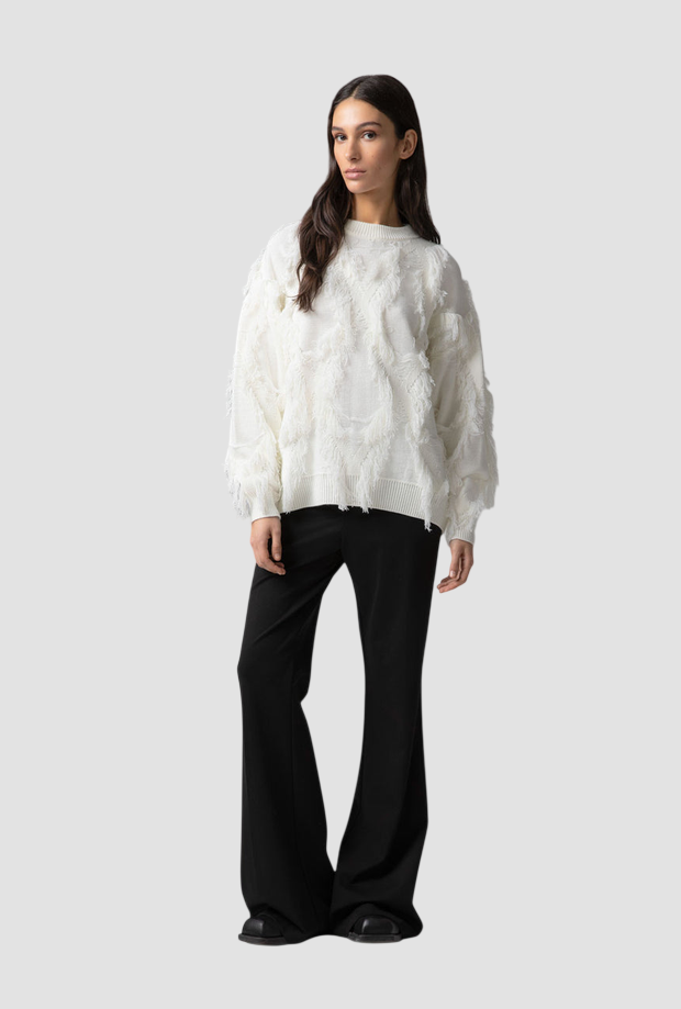 pullover a rombi con frange donna crema