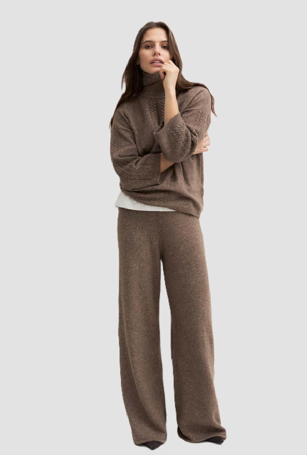pantalone in maglia con paillette donna tortora