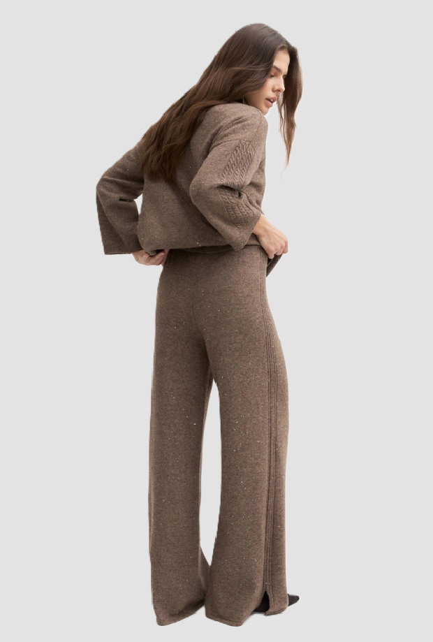 pantalone in maglia con paillette donna tortora