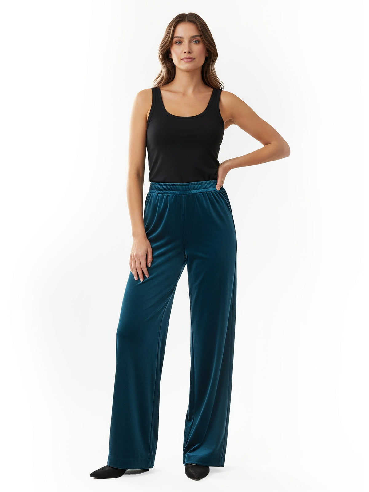 pantaloni donna 1one - sofisticato pantalone palazzo velvet unito - ottanio