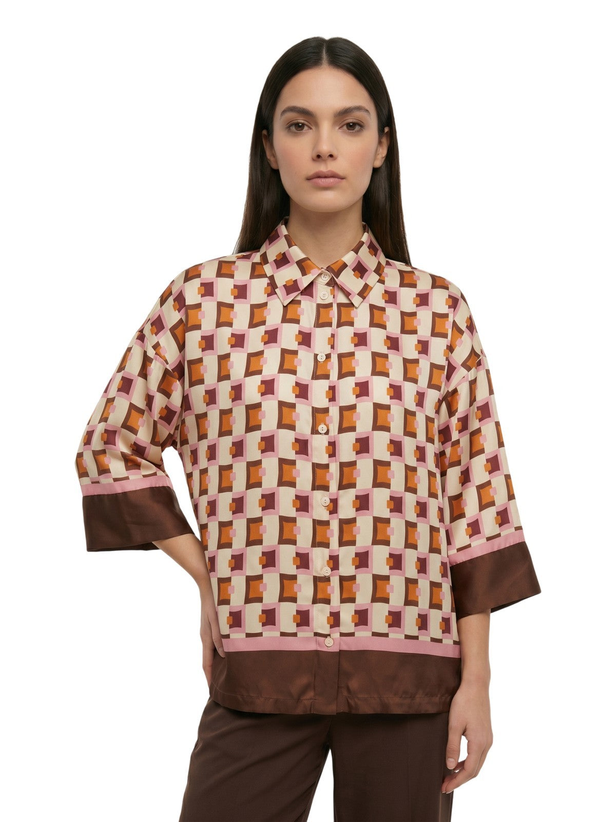 camisas de mujeres Kartika - camisa en pt satinado. quadretto - marrón