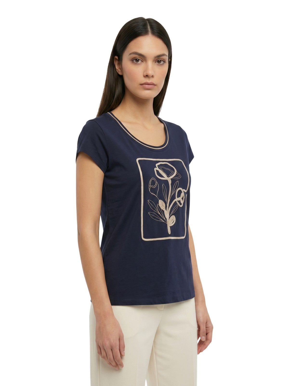 camiseta mujer Maria Bellentani - camiseta m/c cuello profundo con bordado - azul