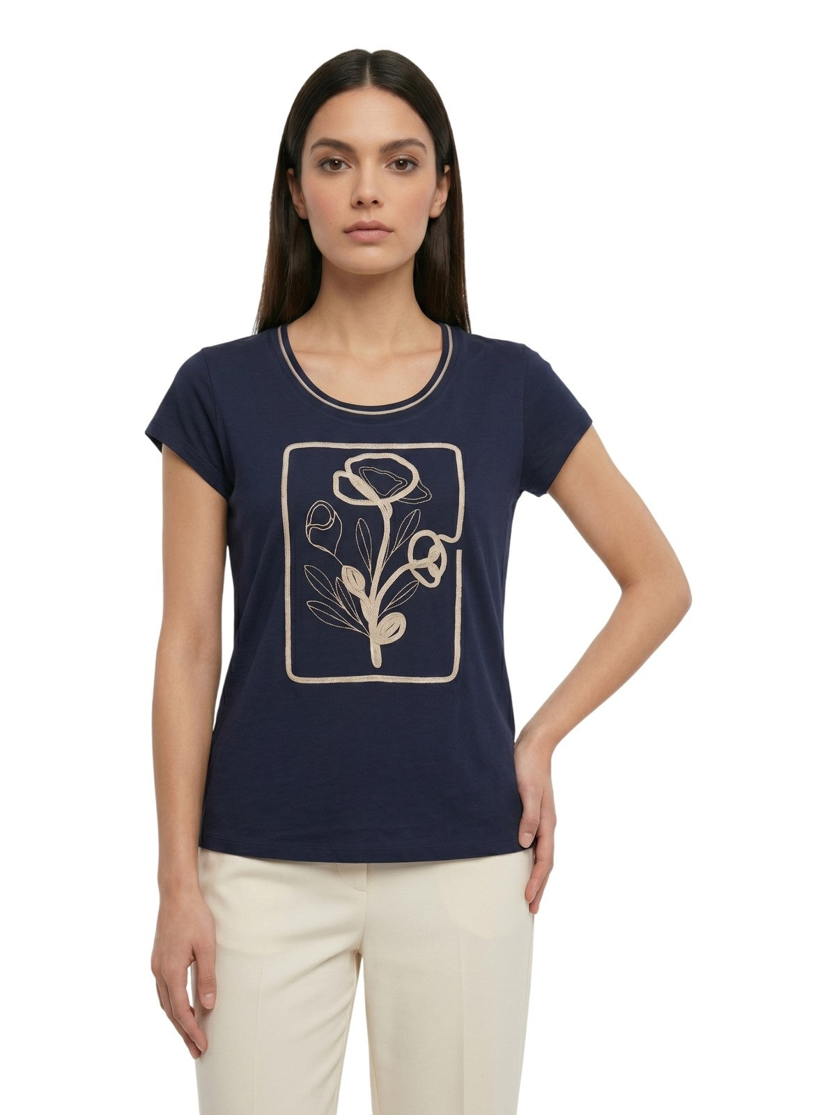 camiseta mujer Maria Bellentani - camiseta m/c cuello profundo con bordado - azul