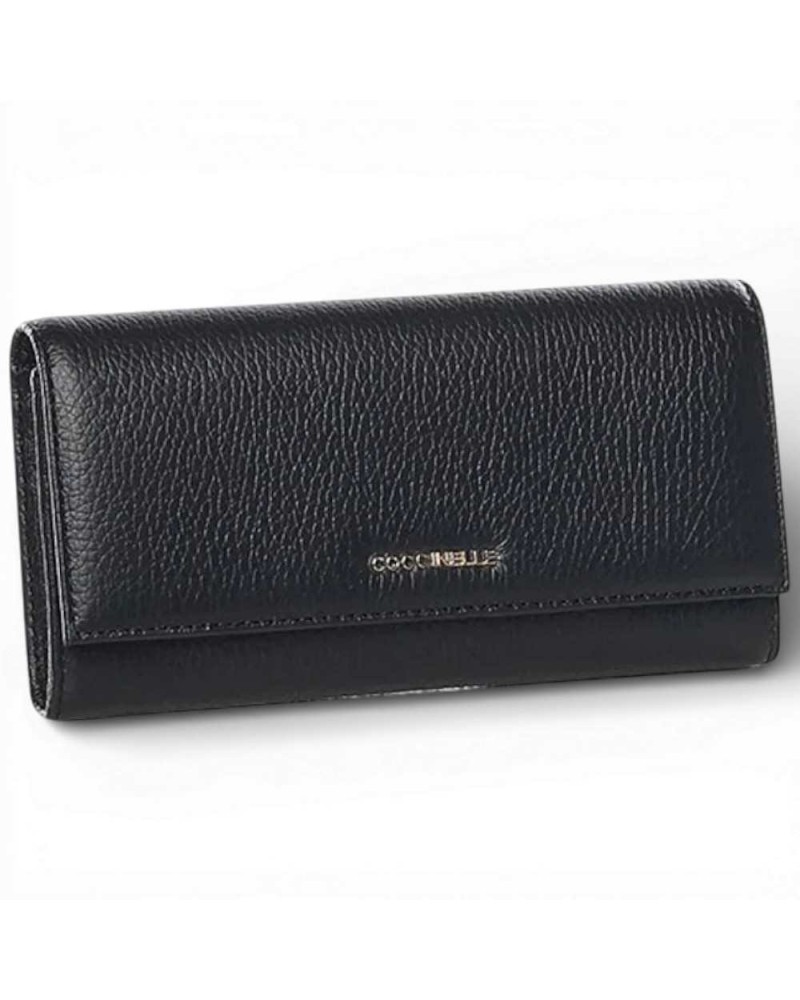 Coccinelle Portefeuille en cuir noir métallisé doux pour femme