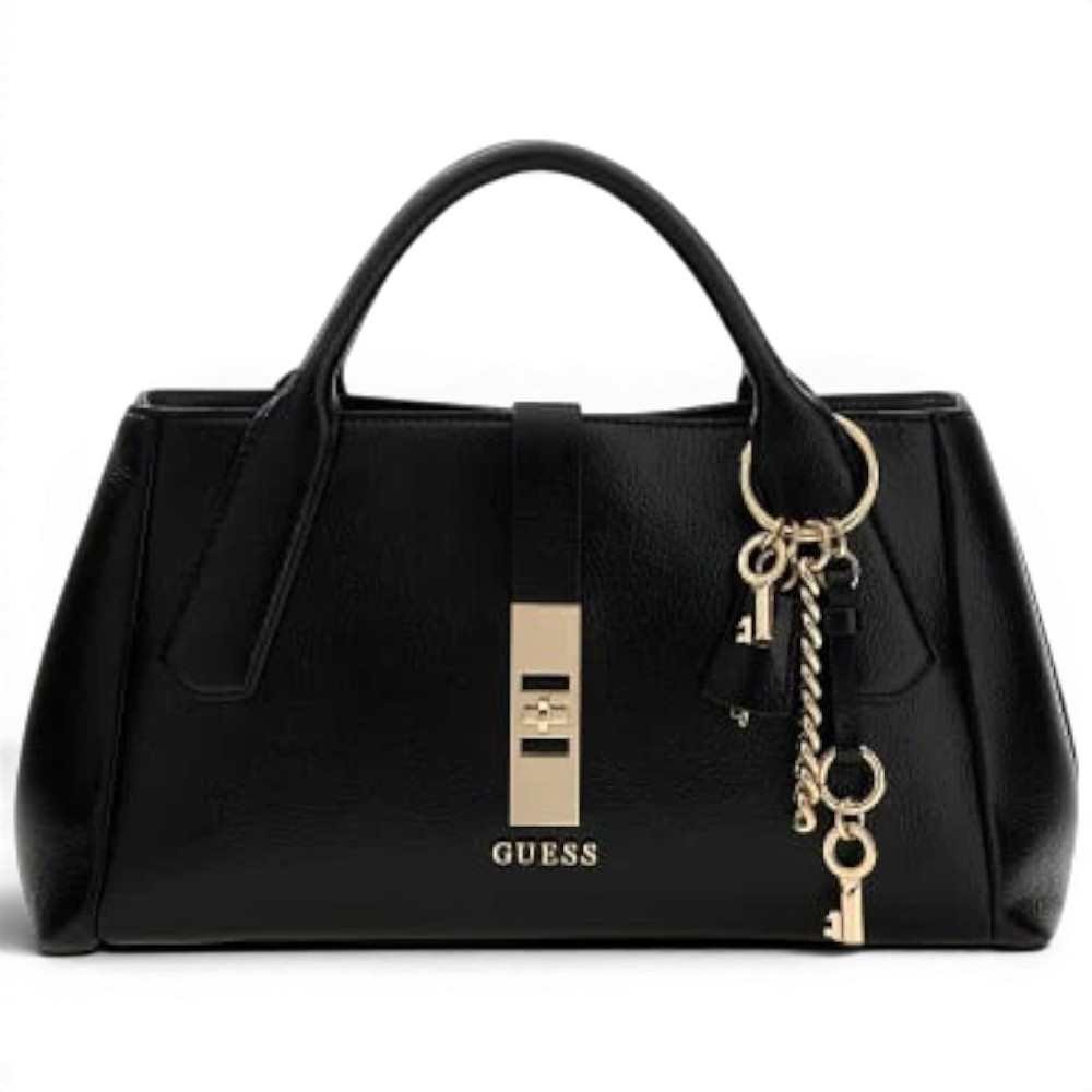 Guess Brooke High Society Satchel Woman Black in Synthetic Material with Charm and Logo