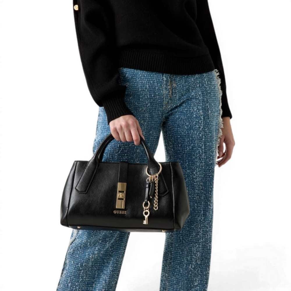 Guess Brooke High Society Satchel Woman Black in Synthetic Material with Charm and Logo