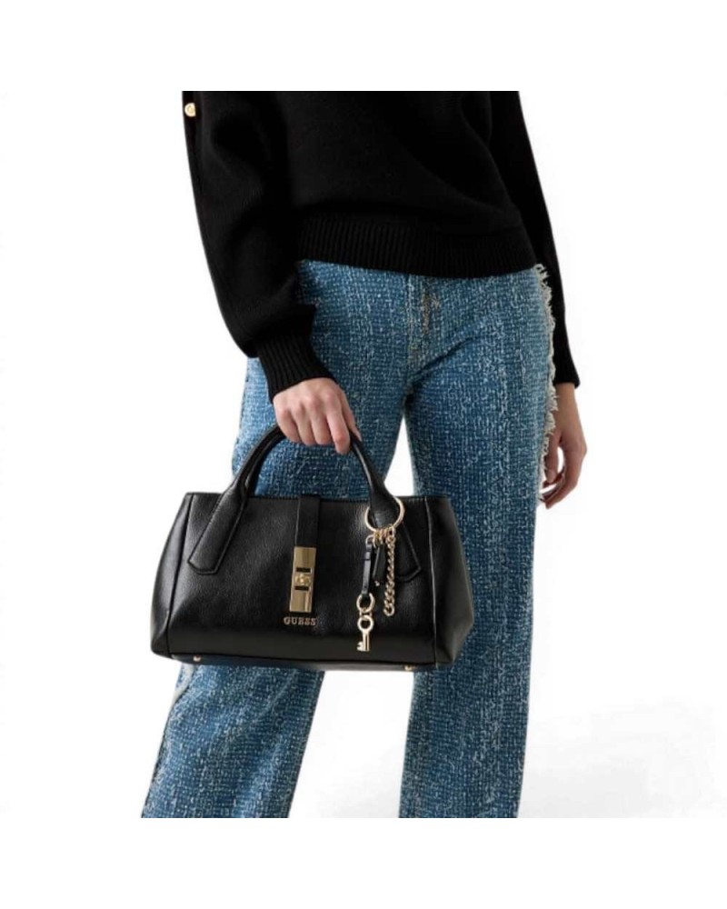 Guess Brooke High Society Satchel Woman Black in Synthetic Material with Charm and Logo