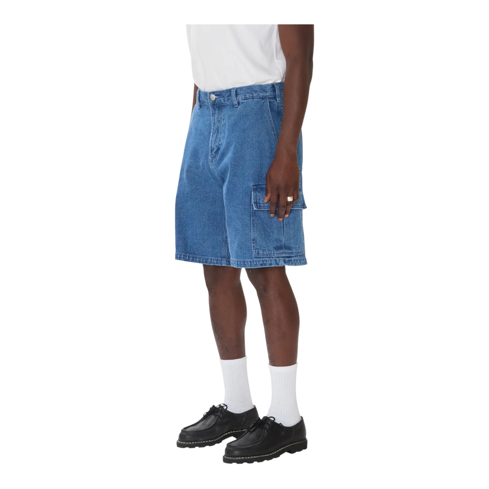 bermuda obey bigwig baggy denim cargo short - stone wash indigo