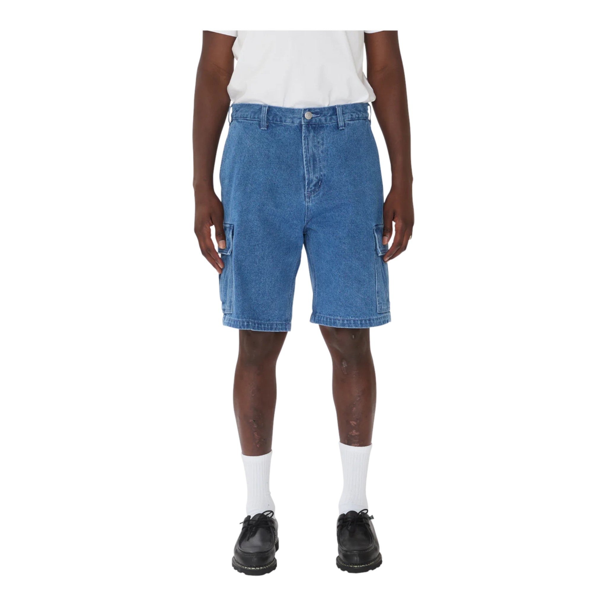 bermuda obey bigwig baggy denim cargo short - stone wash indigo