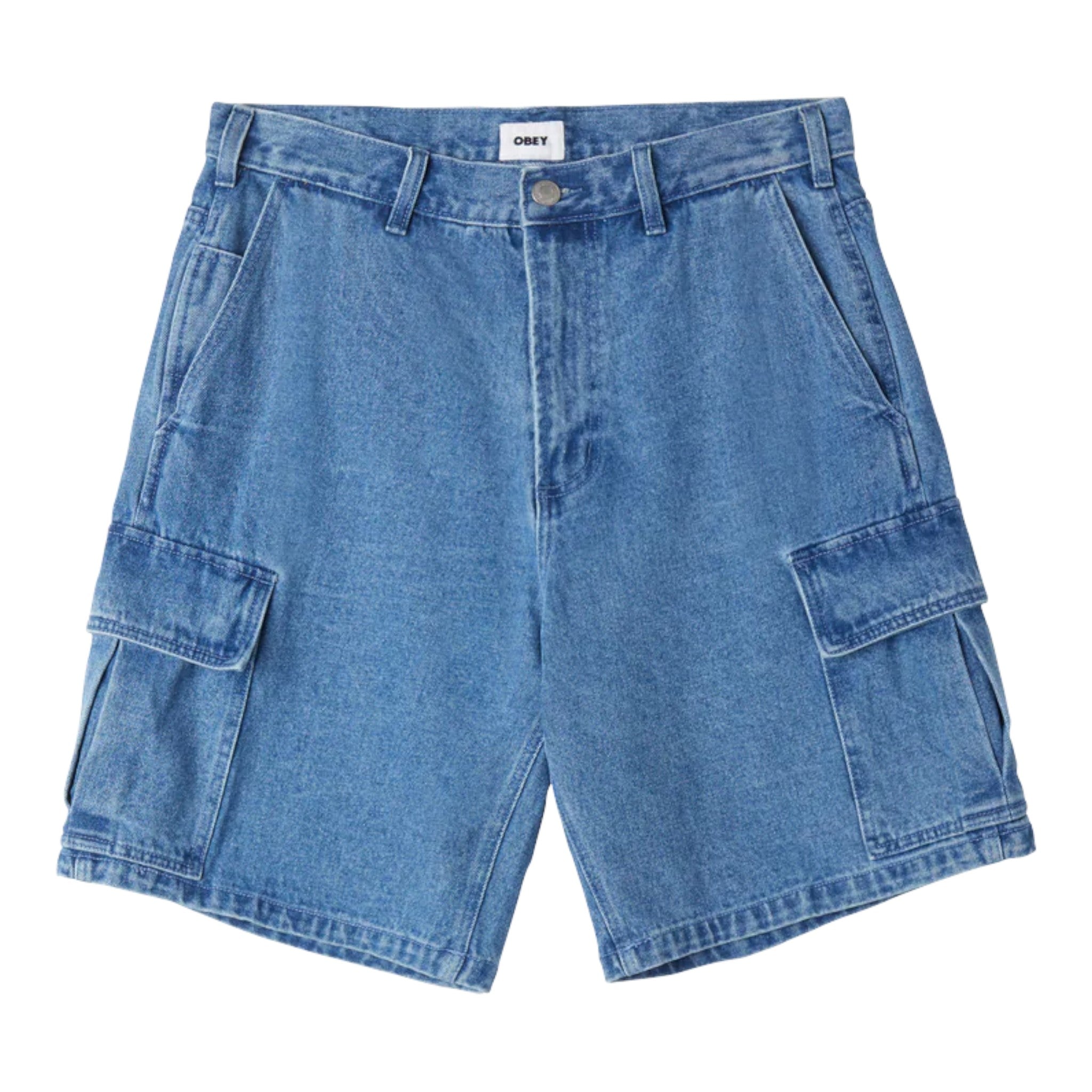 bermuda obey bigwig baggy denim cargo short - stone wash indigo