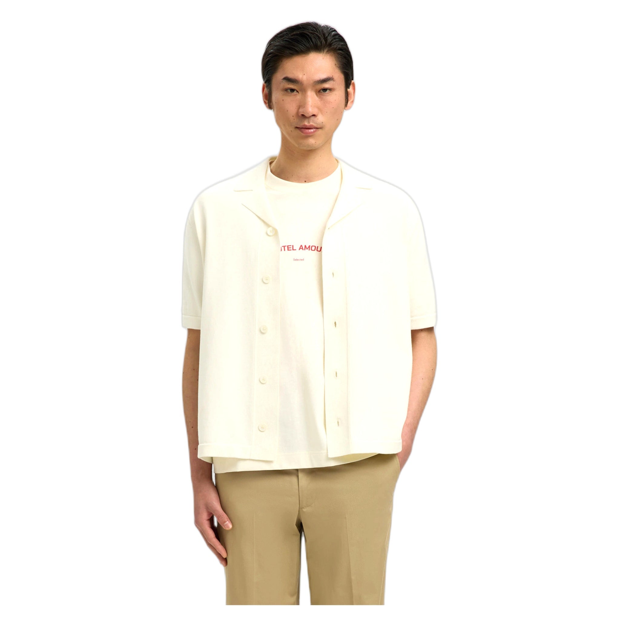 t-shirt Selected Homme amour intarsia relaxed polo cardigan - white