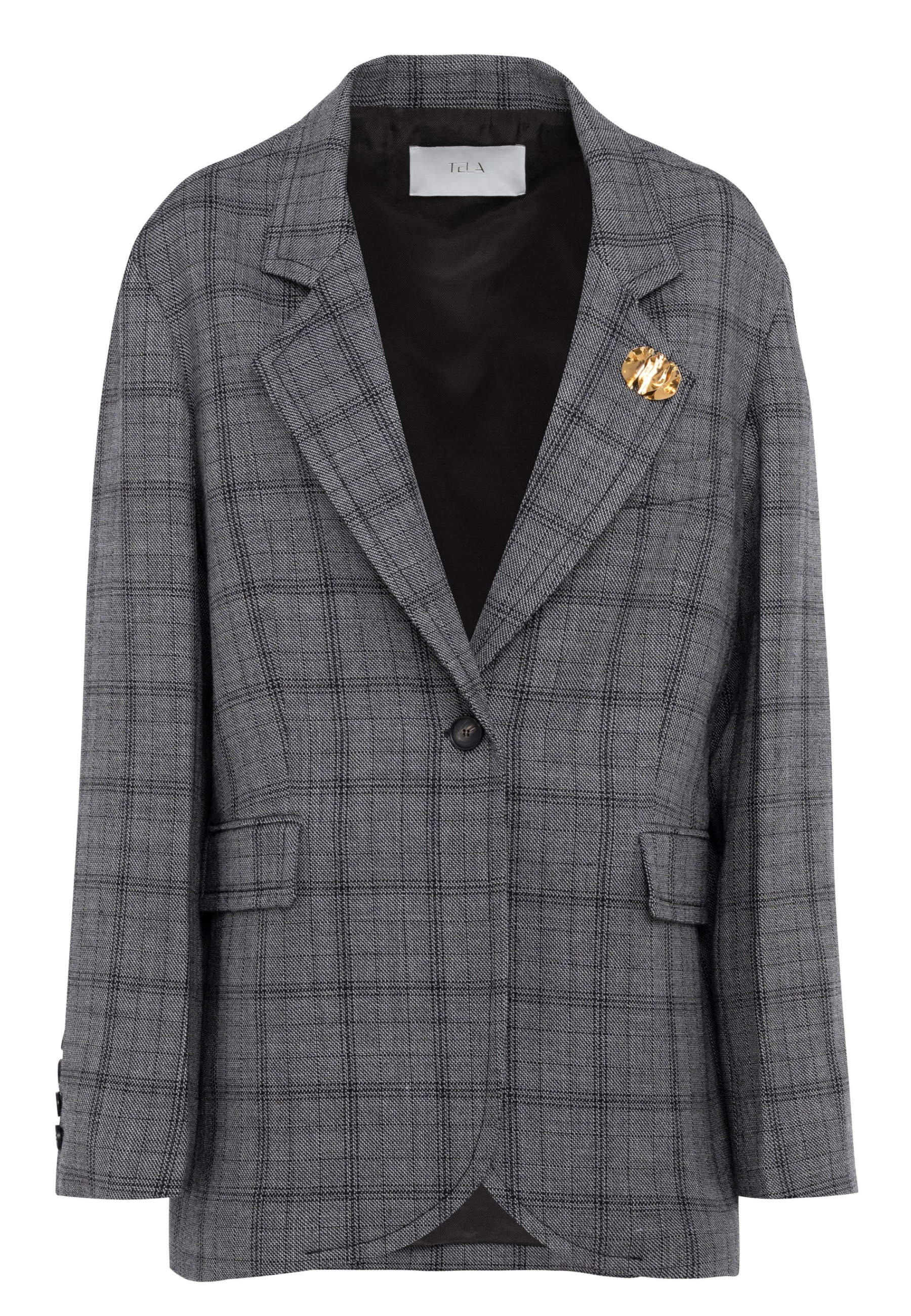 Blazer monopetto TELA a quadri in lana con spilla dorata 