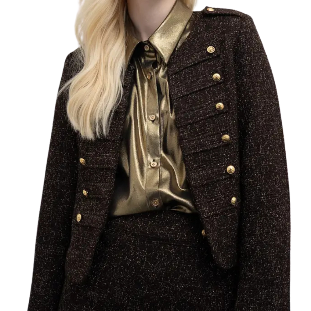 Giacca stile militare in tweed lurex modello Soldy con collo rotondo e bottoni dorati